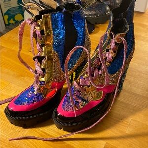 Pink, Blue, Gold Glitter Sequin Lace Up Boots with Metallic Pink Laces